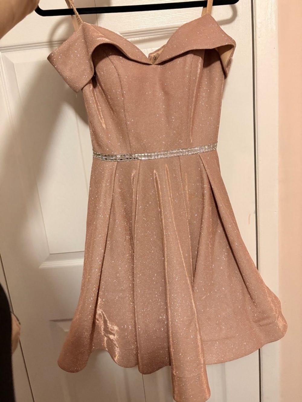 Dancing Queen Glittery Rose Gold Off-Shoulder Mini Dress